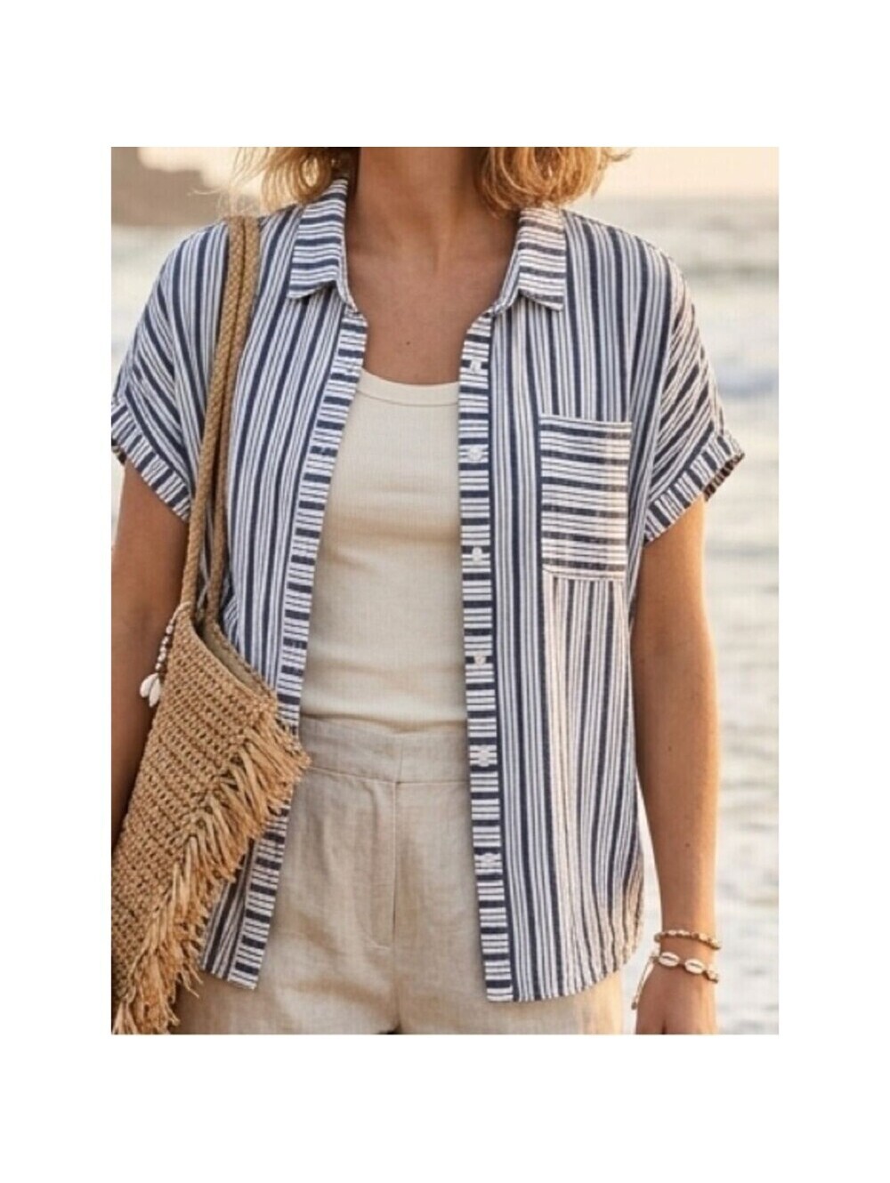 a.n.a Blue & White Striped Short-Sleeve Button Down Shirt
